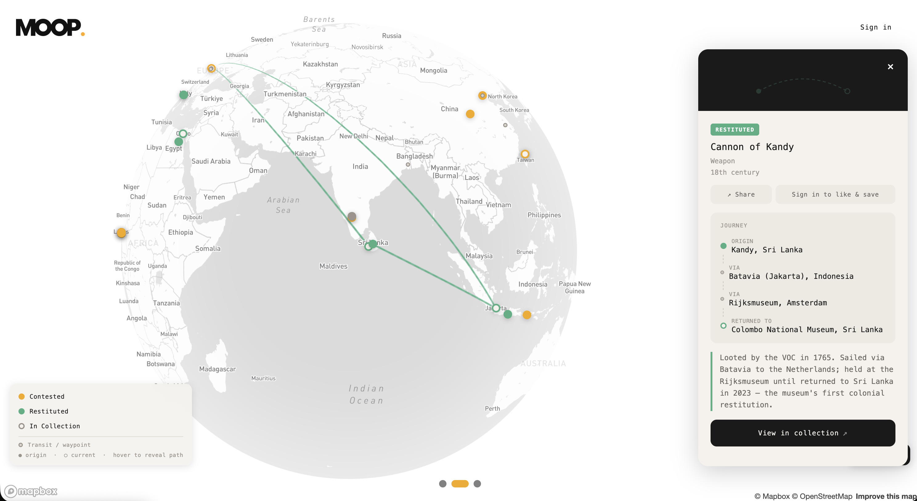The MOOP prototype showing the provenance trail of the Cannon of Kandy, from Kandy via Batavia and Amsterdam back to Colombo